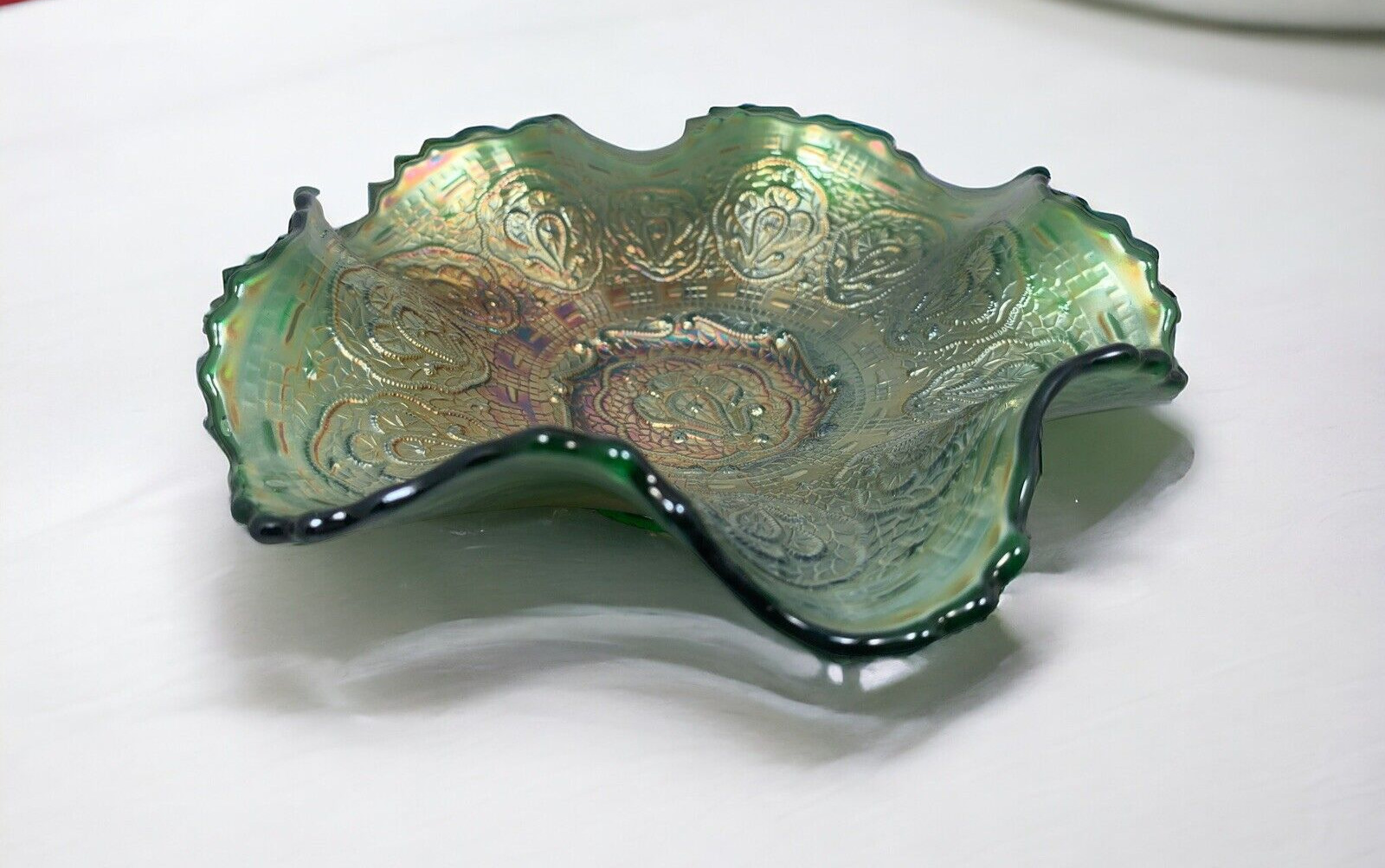 Fenton Persian Medallion Green Carnival Glass Bowl Ruffled Vintage Glass