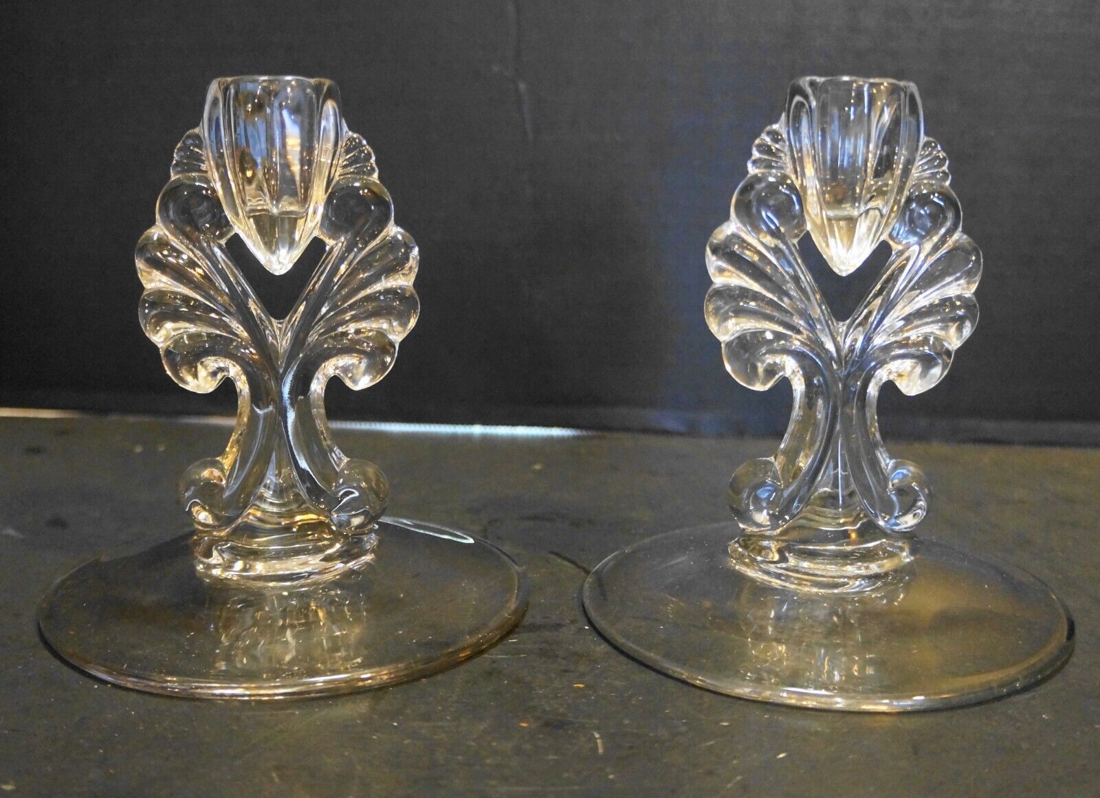 New Martinsville Janice Clear Depression Elegant Glass Candle Holders Pair