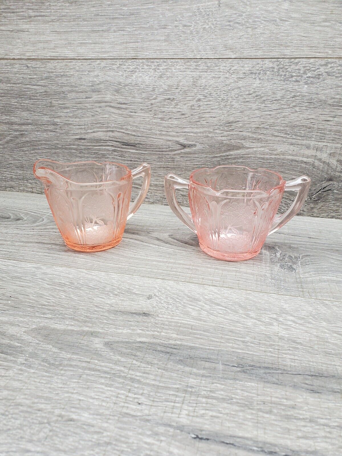 Vtg Jeanette Cherry Blossom Pink Sugar Bowl & Creamer Set Pink Depression Glass