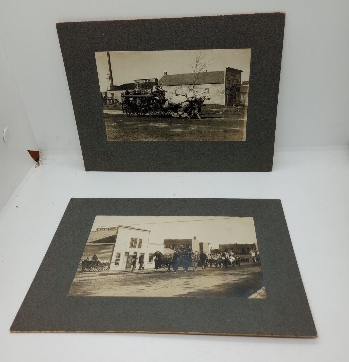 (2) 1907. Fire Trucks Rushing To Fire. Idaho Falls 7x9 Cabinet Photos