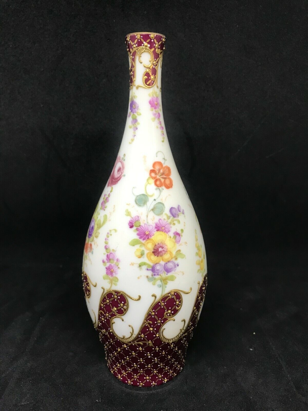 Dresden Porcelain Vase-White & Maroon Background-Elaborate Colorful Floral Scene