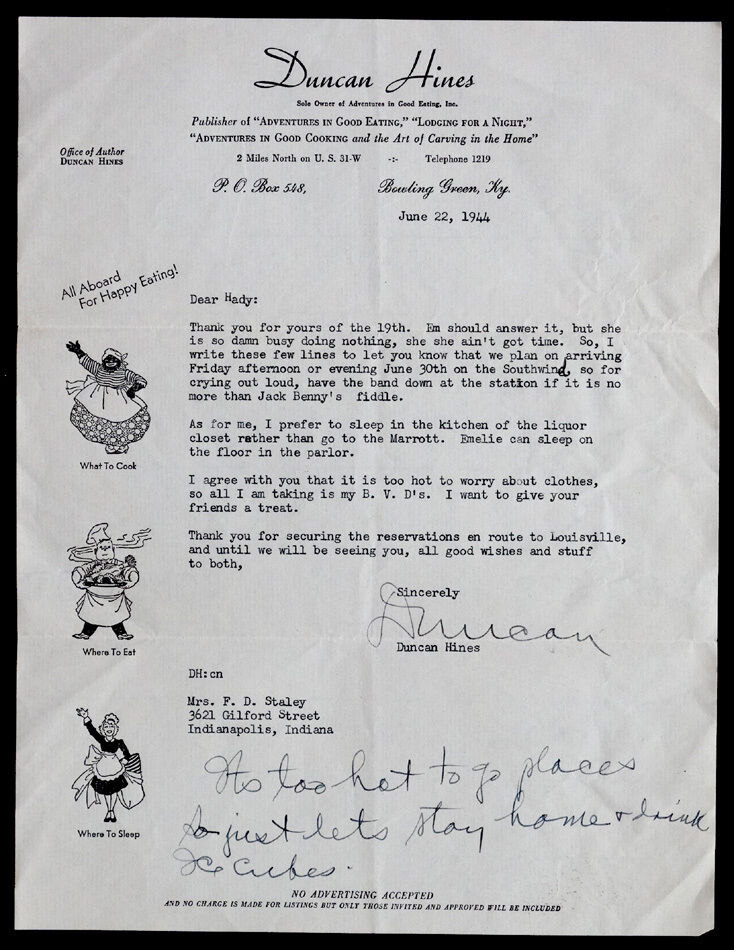 1944 DUNCAN HINES Vintage BOWLING GREEN KY Signed AUTOGRAPH Letter GREAT CONTENT