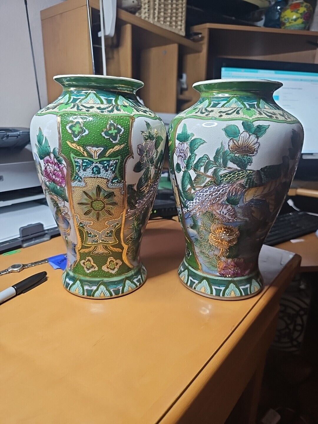 Vintage Oriental Hand Painted Ceramic Vase Set of 2 Peacock & Floral design 10\