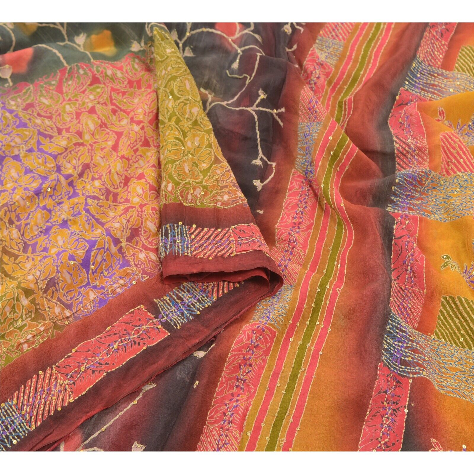 Sanskriti Vintage Sarees Pure Crepe Silk Sari Hand Embroidered Kantha Fabric