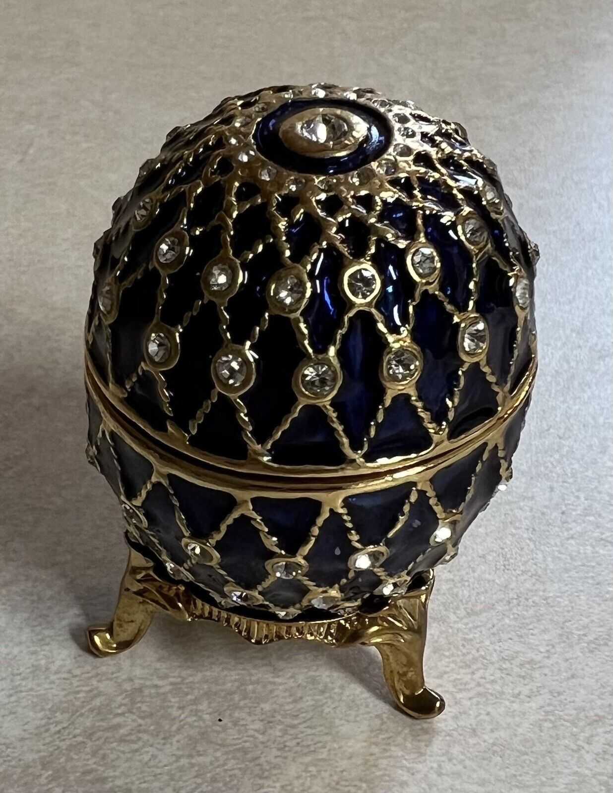 Vintage Blue Russian Style Enamel Collector Egg Trinket Box Golden Mesh