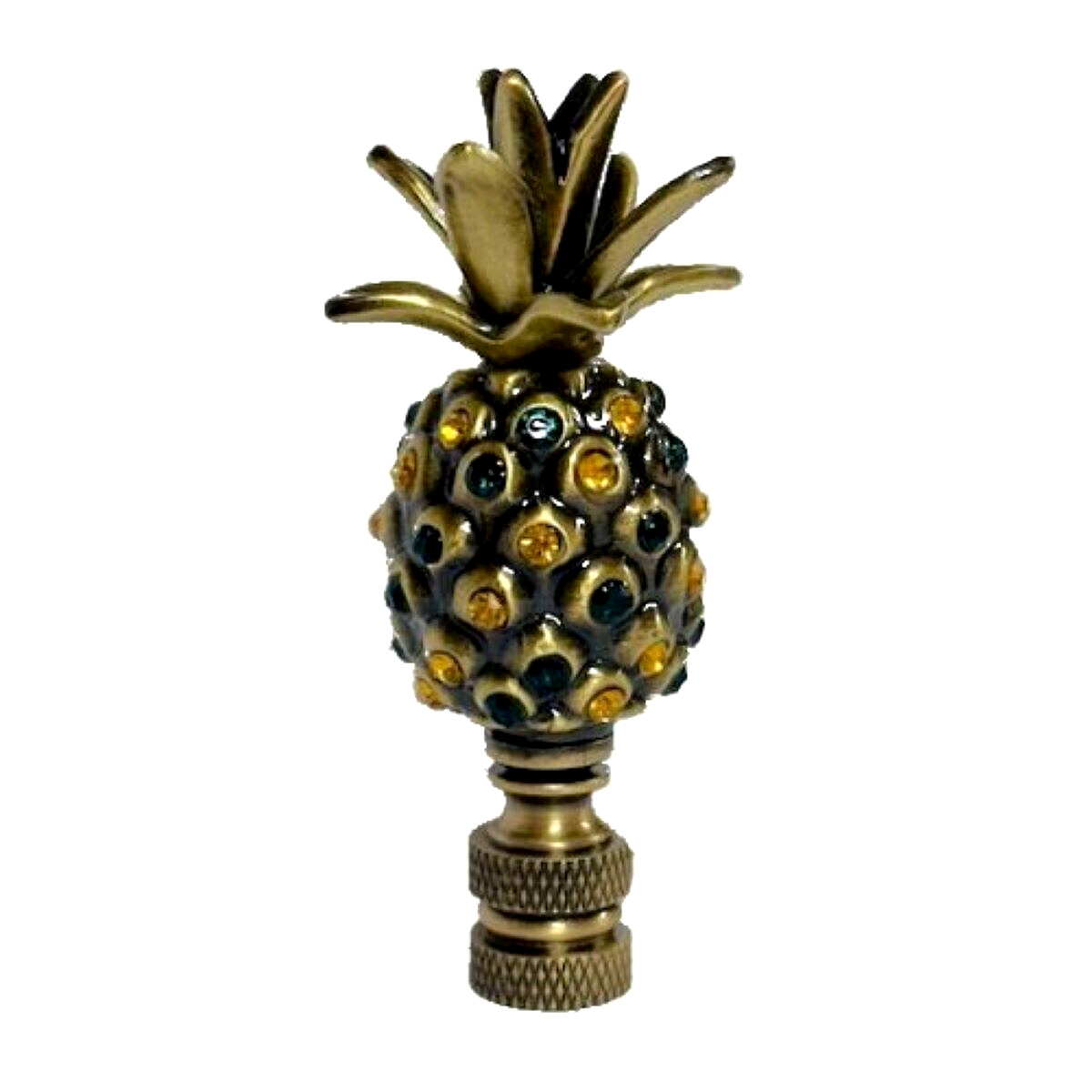 PINEAPPLE LAMP SHADE FINIAL ~ ANT BRASS  - GREEN AND AMBER BEADS #83
