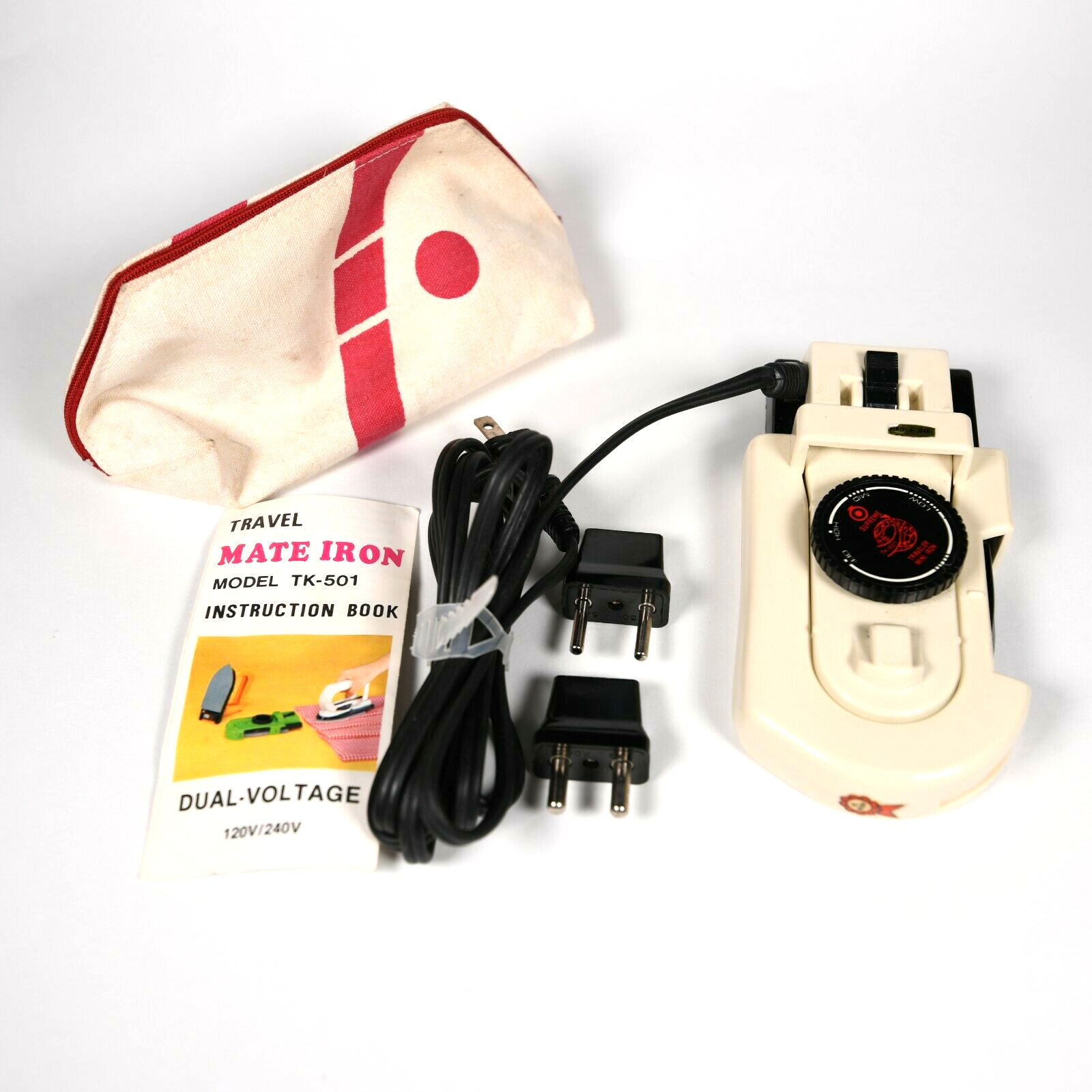 Vintage The Mini Travel Iron, Model TK-501 w/manual, adapters and travel bag