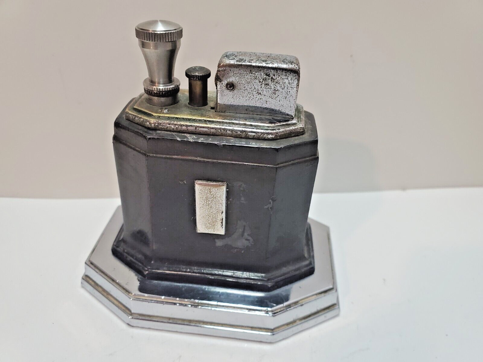Working Ronson 1940 Art Deco Table Touch Tip Octette Black, Silver Tone Lighter