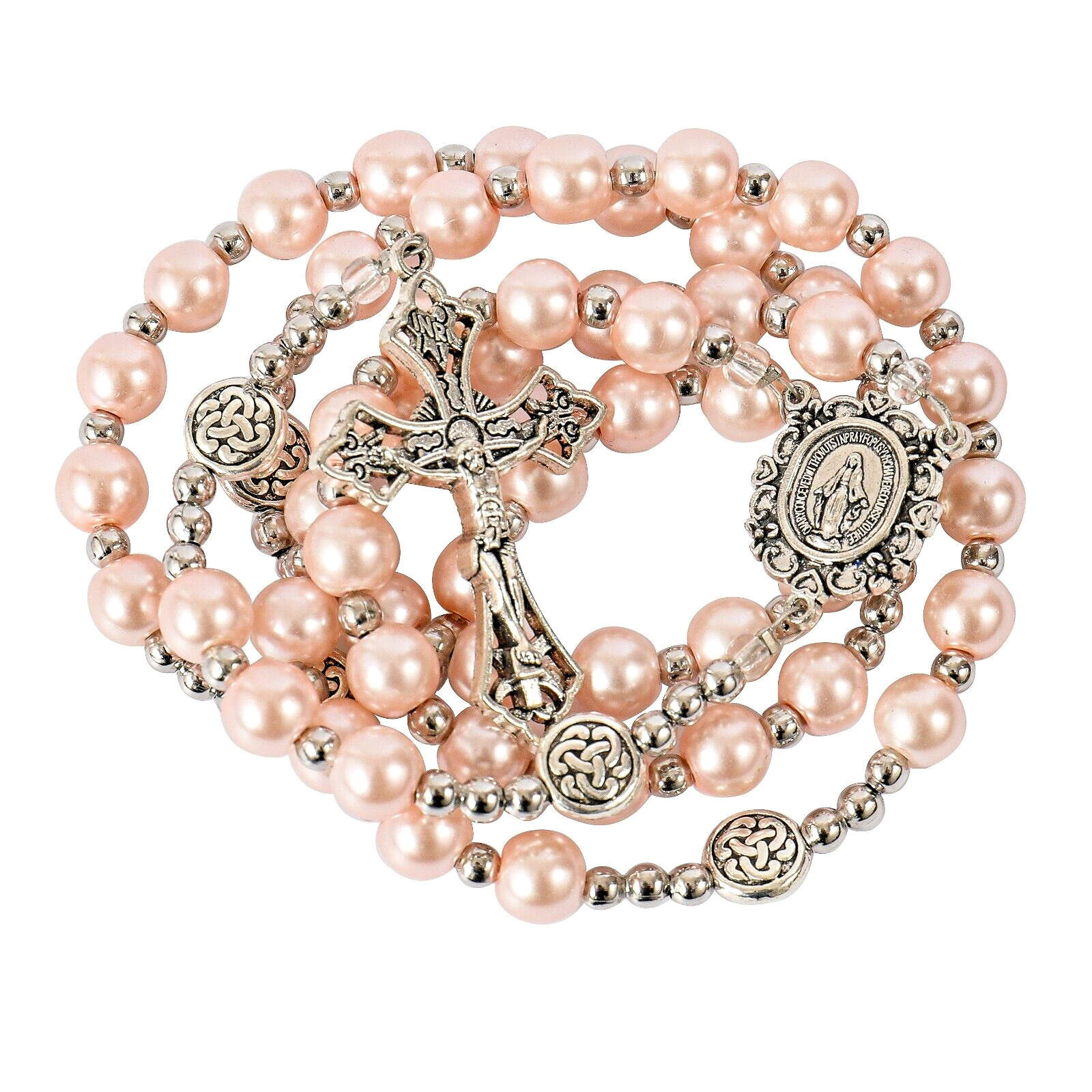 Pink Pearl Beaded Rosary Necklace with Miraculous Medal and Cross Crucifix