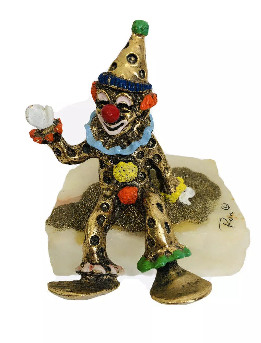 Vintage Ron Lee Brass Clown Sculpture Onyx Base Gold Trim Signed