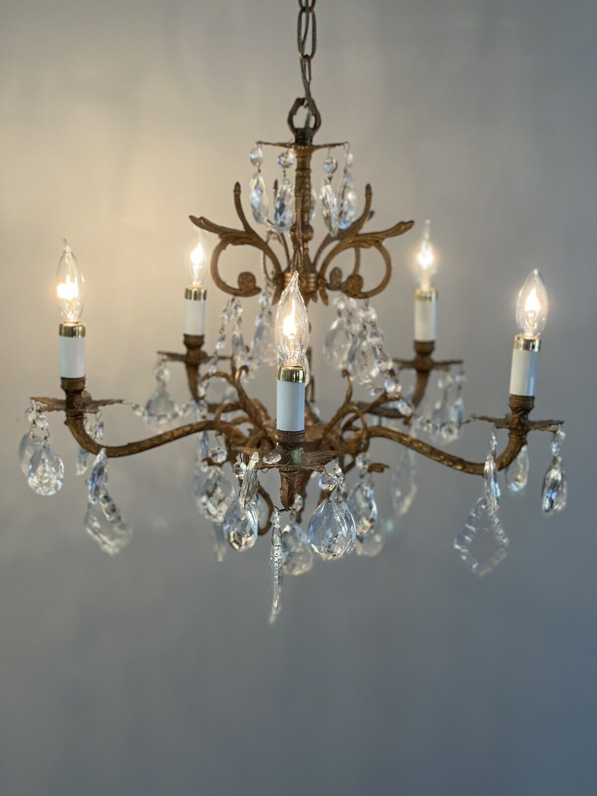 Antique Vintage French Crystal Brass Chandelier Semi Petite