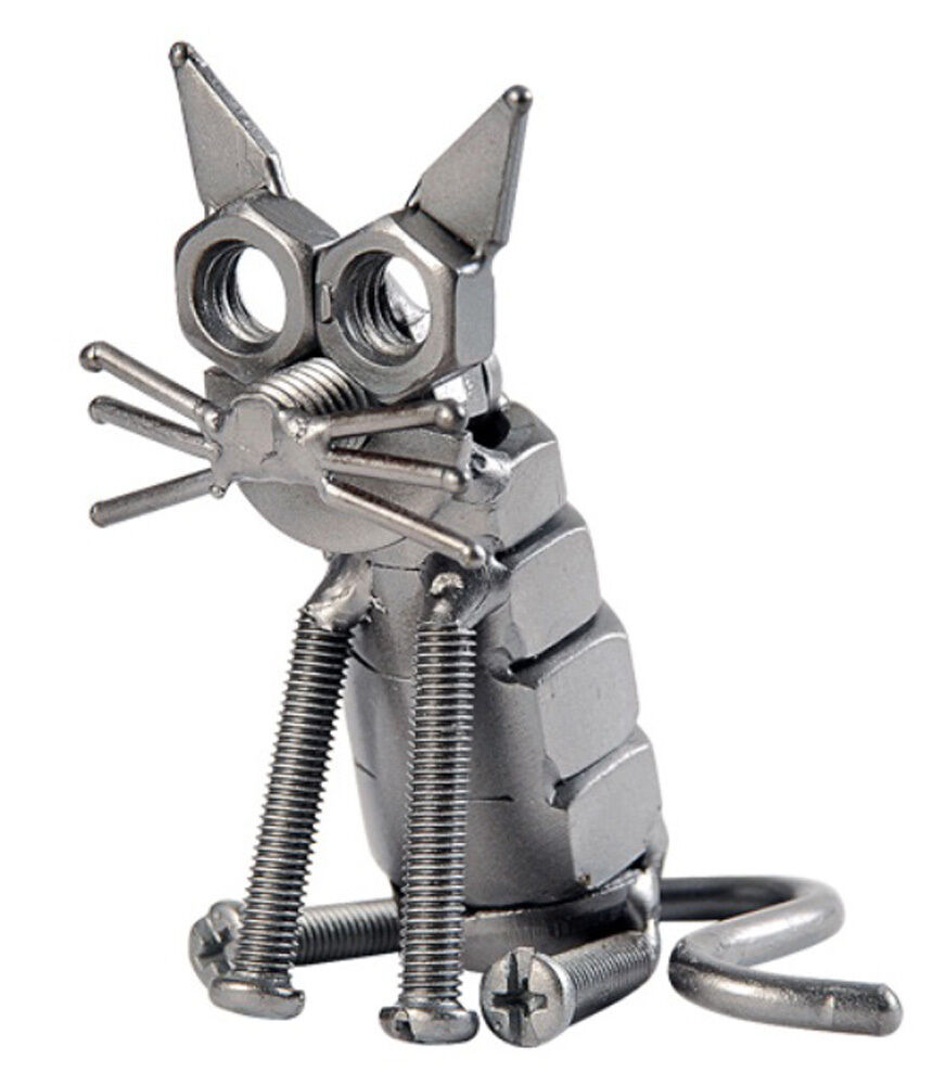 Cat Hand Crafted Recycled Metal Art Sculpture Figurine  