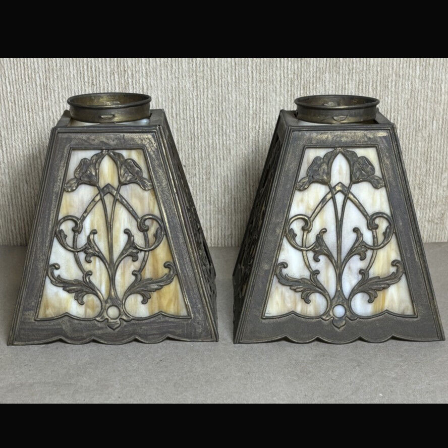 Set of 3 Antique Arts & Crafts 6 Panel Slag Glass Hanging Lamp Sconce Shades 6\