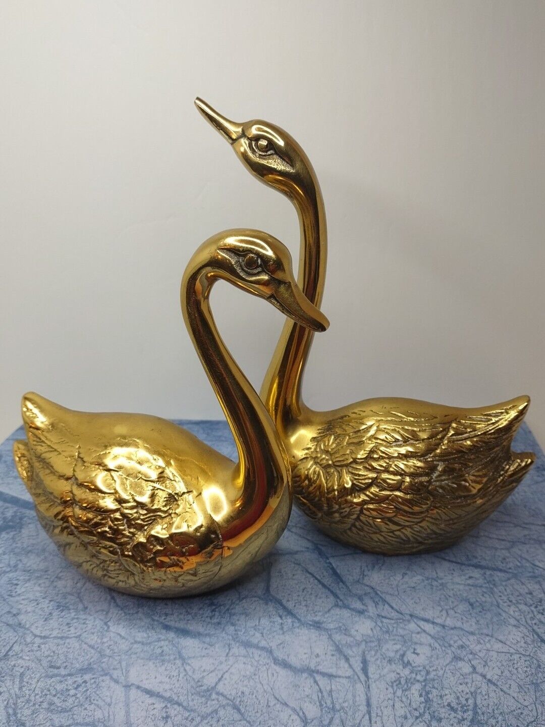 Vintage Pair Brass Swans Figurines Mid Century Set Of 2 Feather Detailed Decor