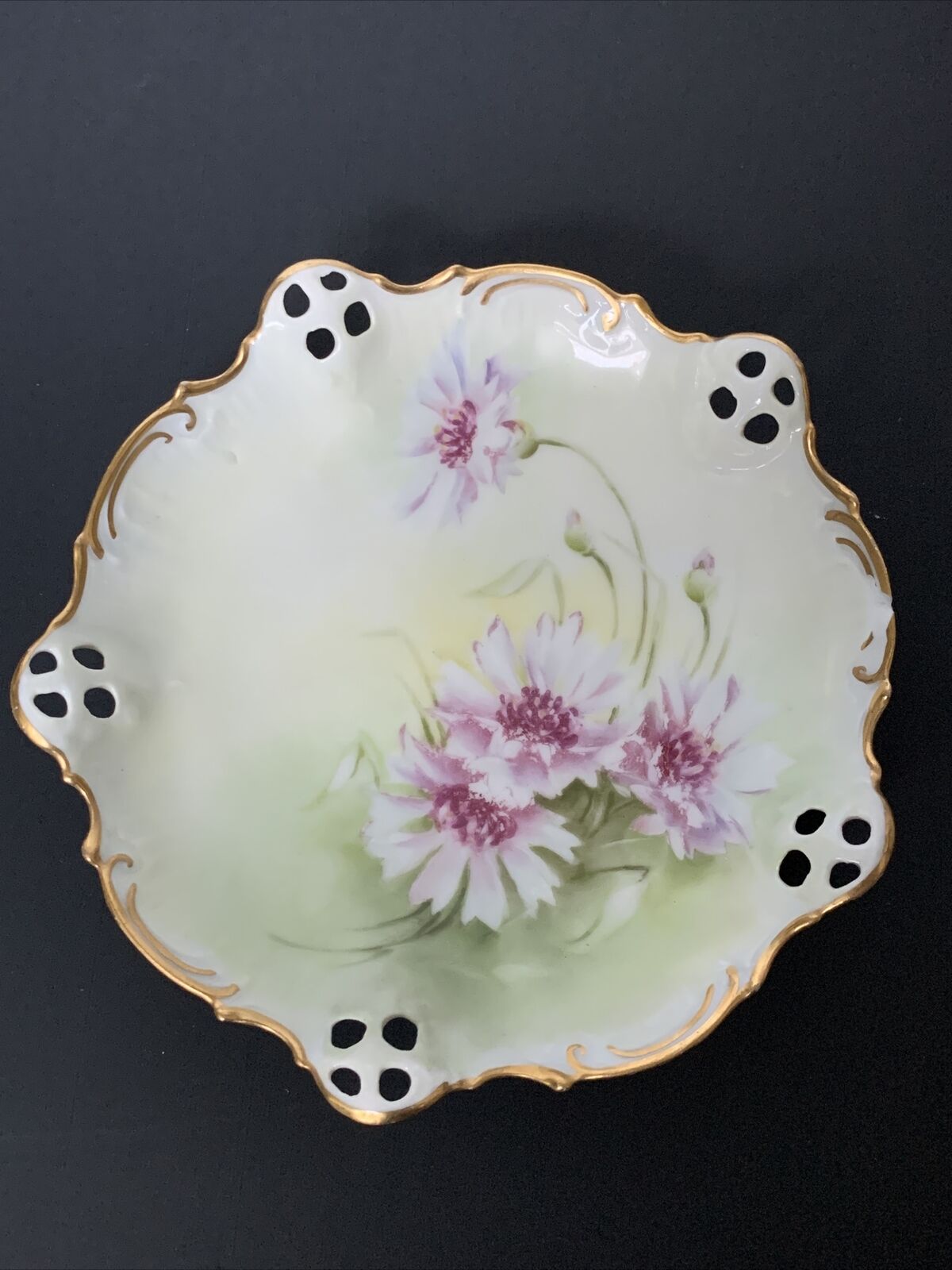 RS Rosenthal Moliere Bavaria Hand Painted Nut Dish 6” Pink Peonies Gold Antique 