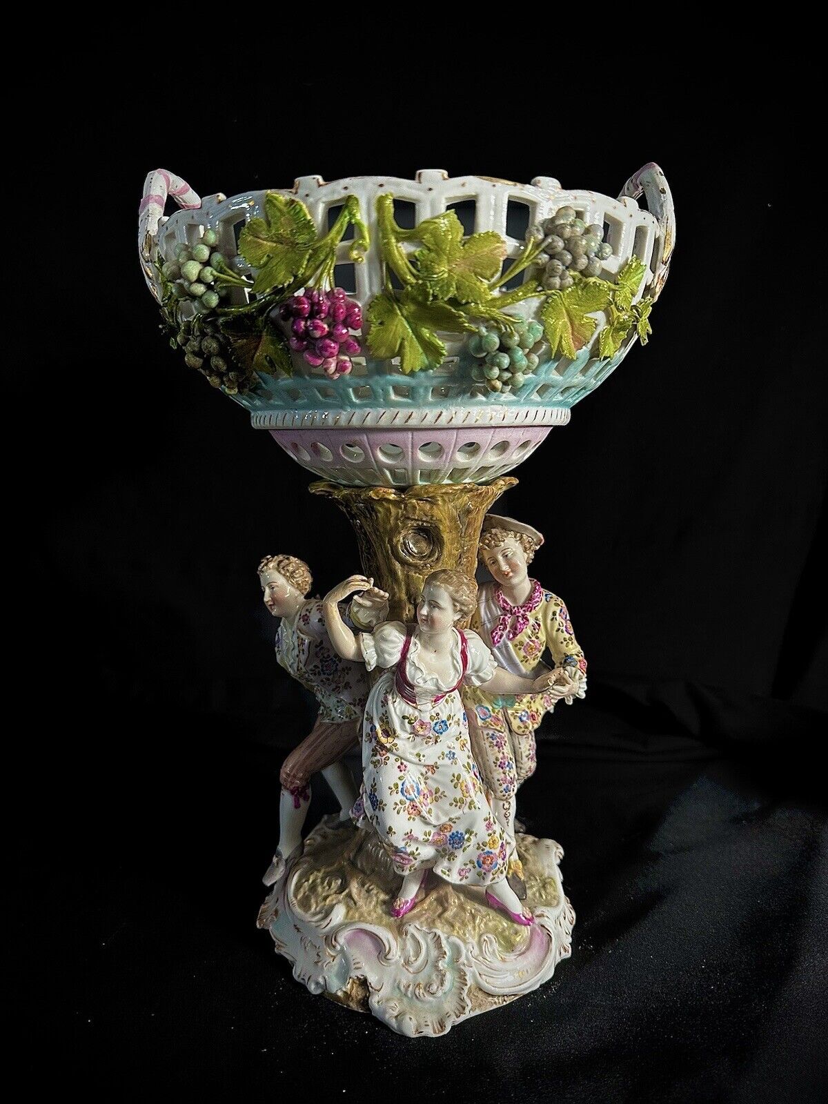 Rococo Style Dancing Figures,Porcelain Pedestal Compote Bowl Basket Marked 12”H