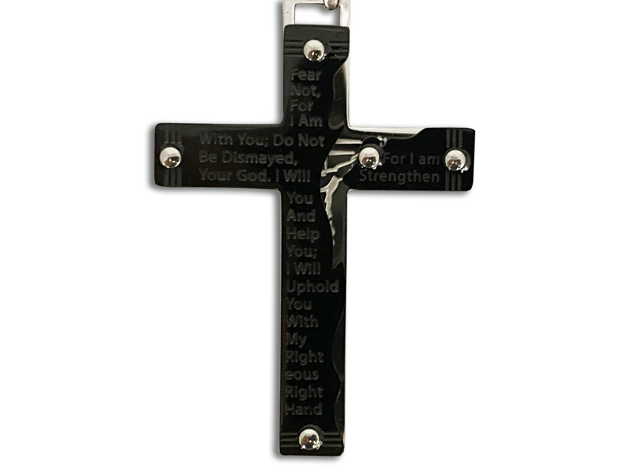 Isaiah 41:10 Silver Chain With Black Prayer Cross Necklace