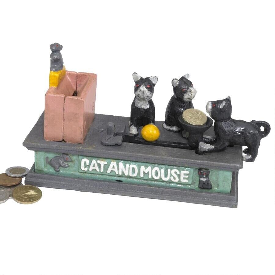 Authentic Cast Iron Mouse & Cat Tail Pull Antique Replica Mechanical Coin Bank