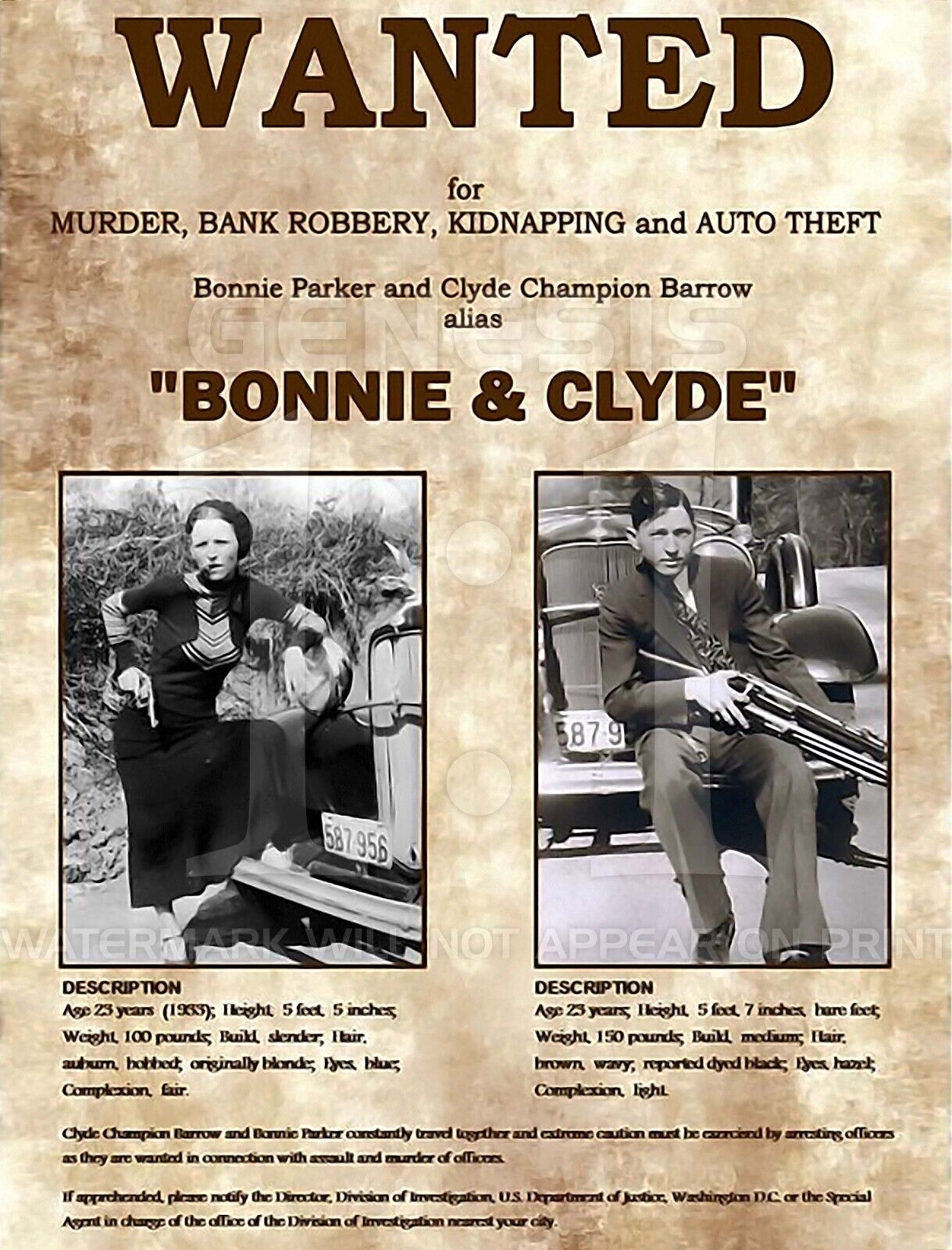 1934 BONNIE AND CLYDE 8.5X11 WANTED POSTER PHOTO ORIGINAL GANG MOB REPRINT