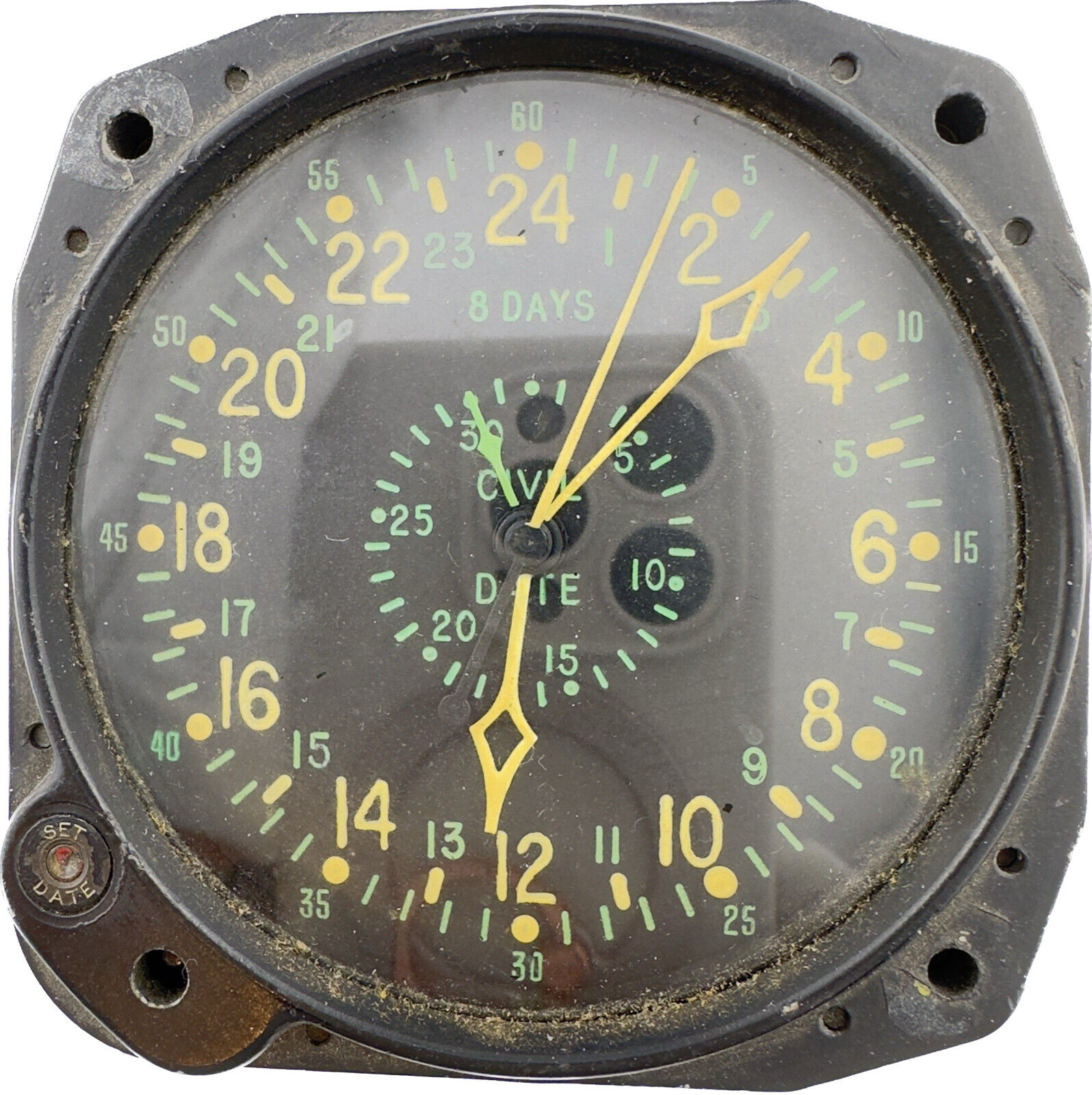 Vintage Waltham Civil Date Military Mechanical Aircraft Clock  w 24 Hour Dial