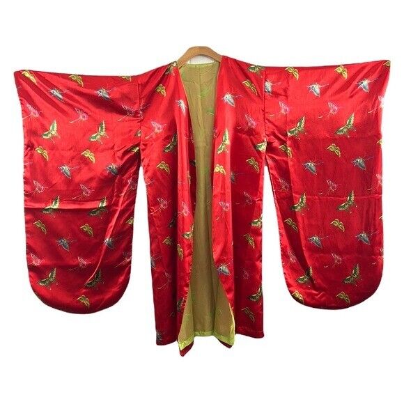 Red Satin Butterfly Japanese Style Kimono Jacket Womens Medium Gold Lining