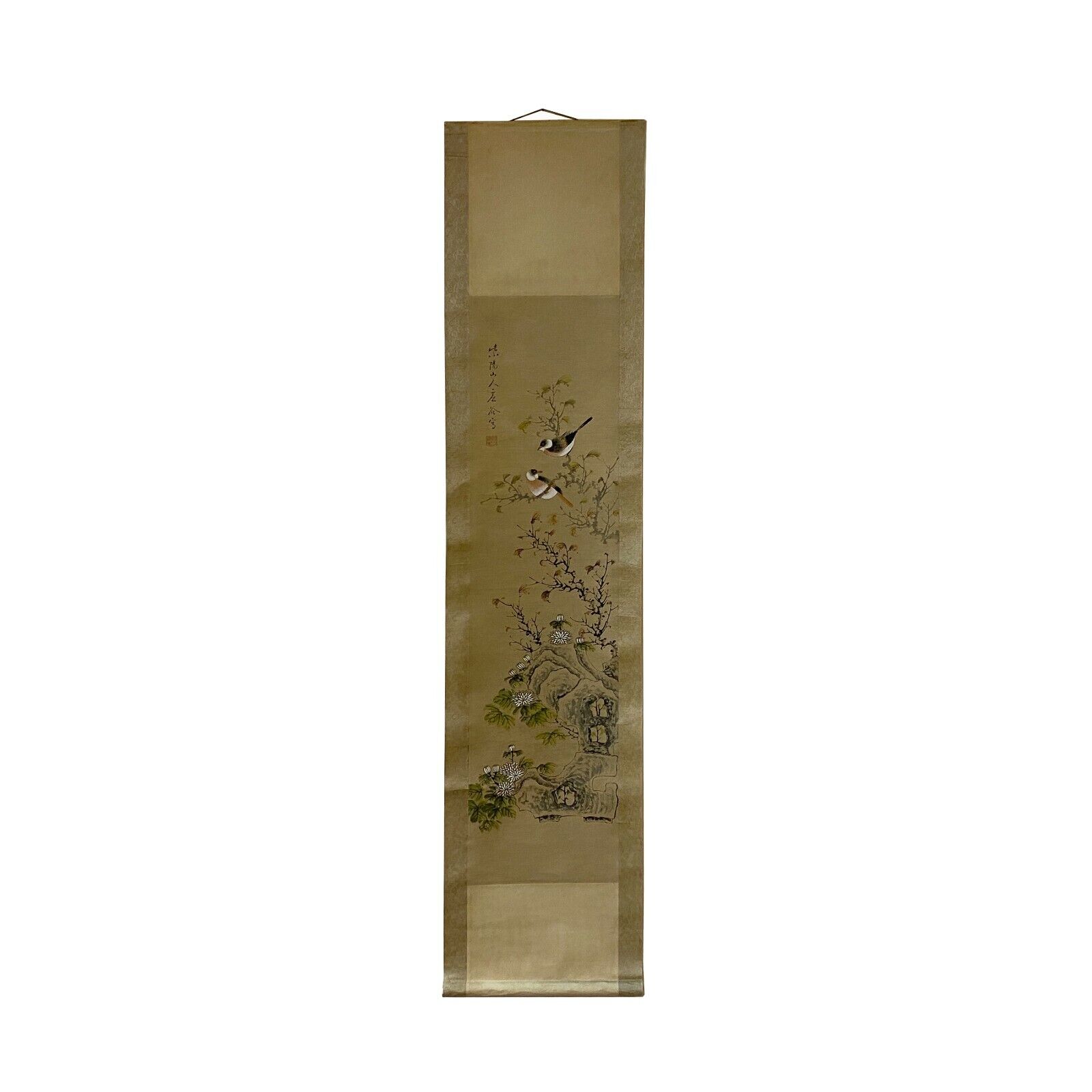 Chinese Color Ink Birds Small Flower on Tree Scroll Painting Wall Art ws2013