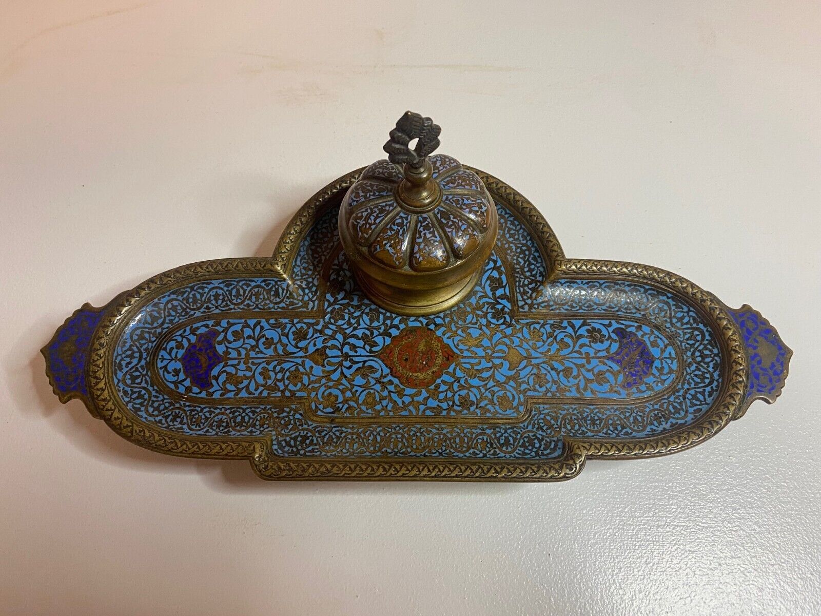 Antique Bronze French Champleve Inkwell with blue turquoise and red enamel