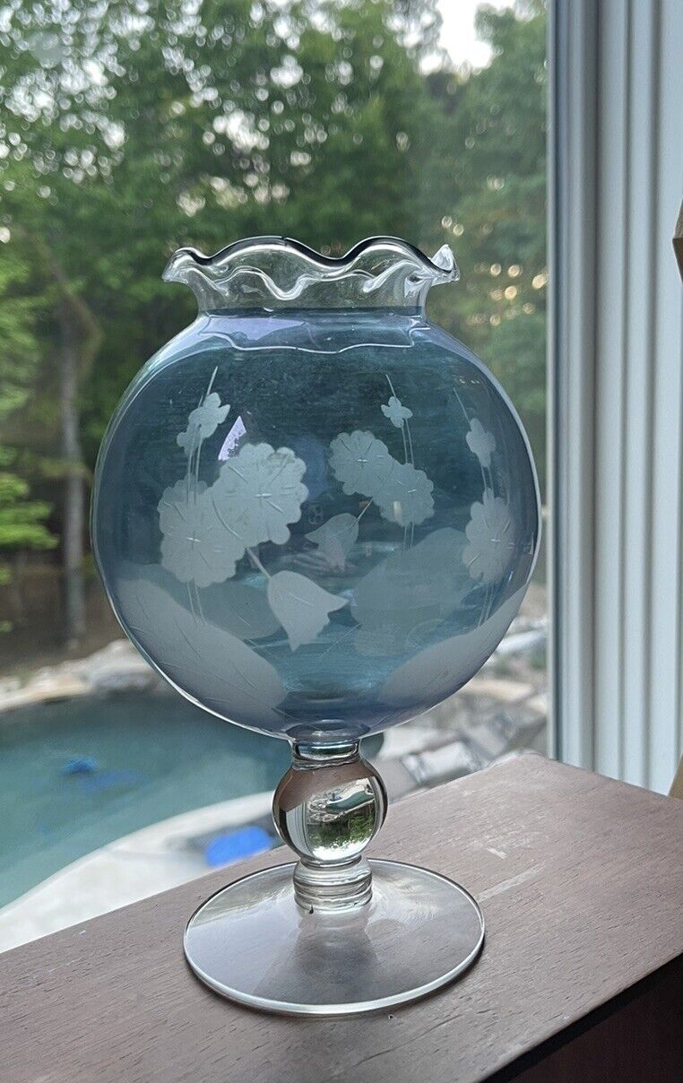 “Vntg Art Glass Pedestal Globe Vase  Iridescent Blue, Etched Floral Ruffled Top”