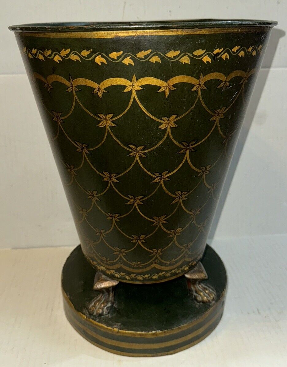 RARE Vintage John Richard Brass Claw Footed Tole Painted Vase/planter/ Trash Can