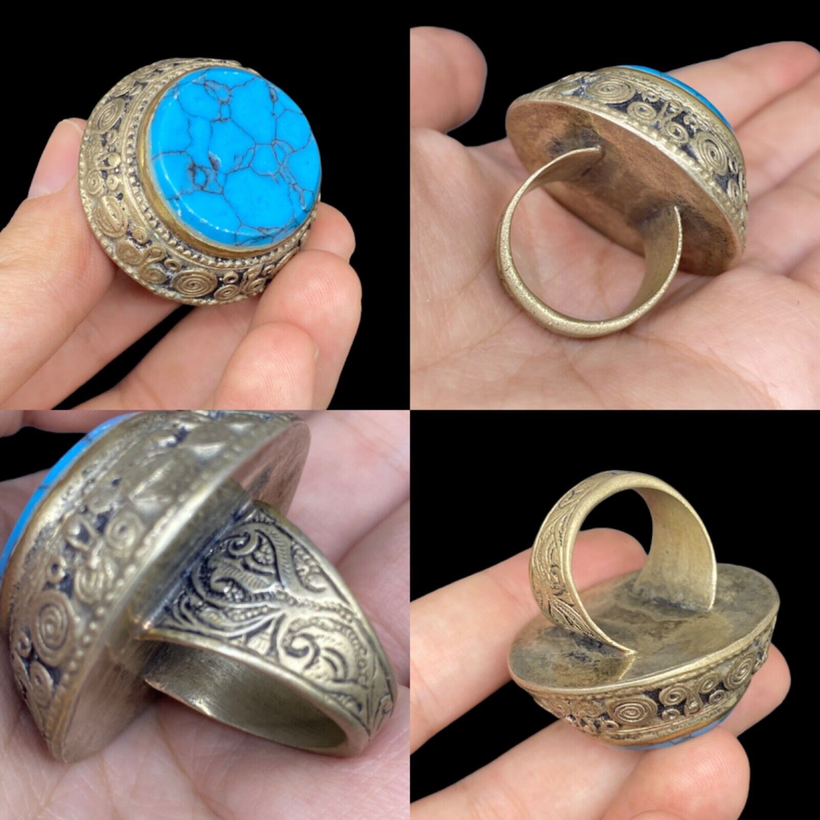 BEAUTIFUL TRIBAL ETHIC AFGHAN TORQUISE MIX SILVER VINTAGE RING