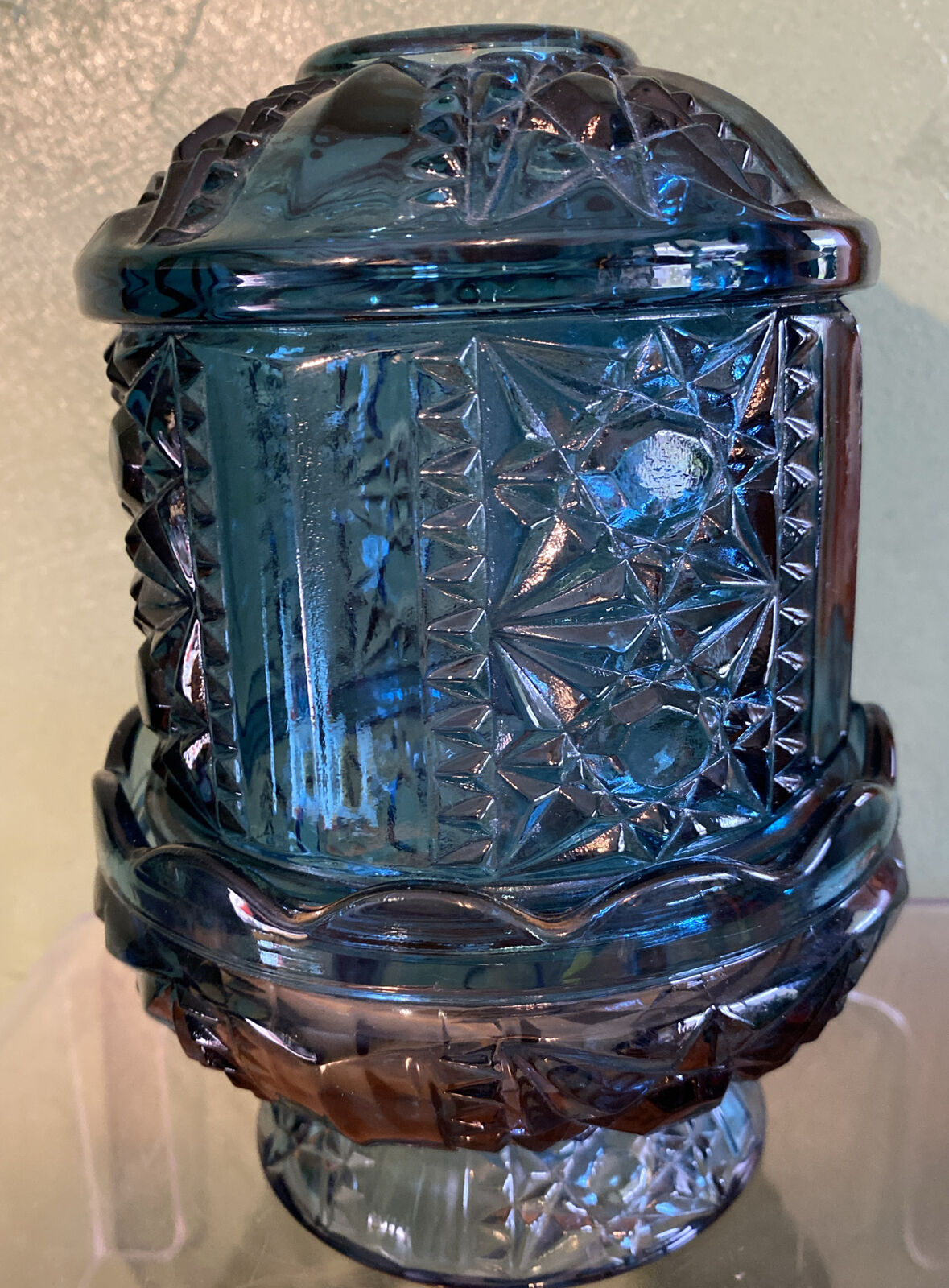 Vintage MCM Indiana Glass Stars & Bars Colonial Blue Fairy Lamp Light 6 1/2\