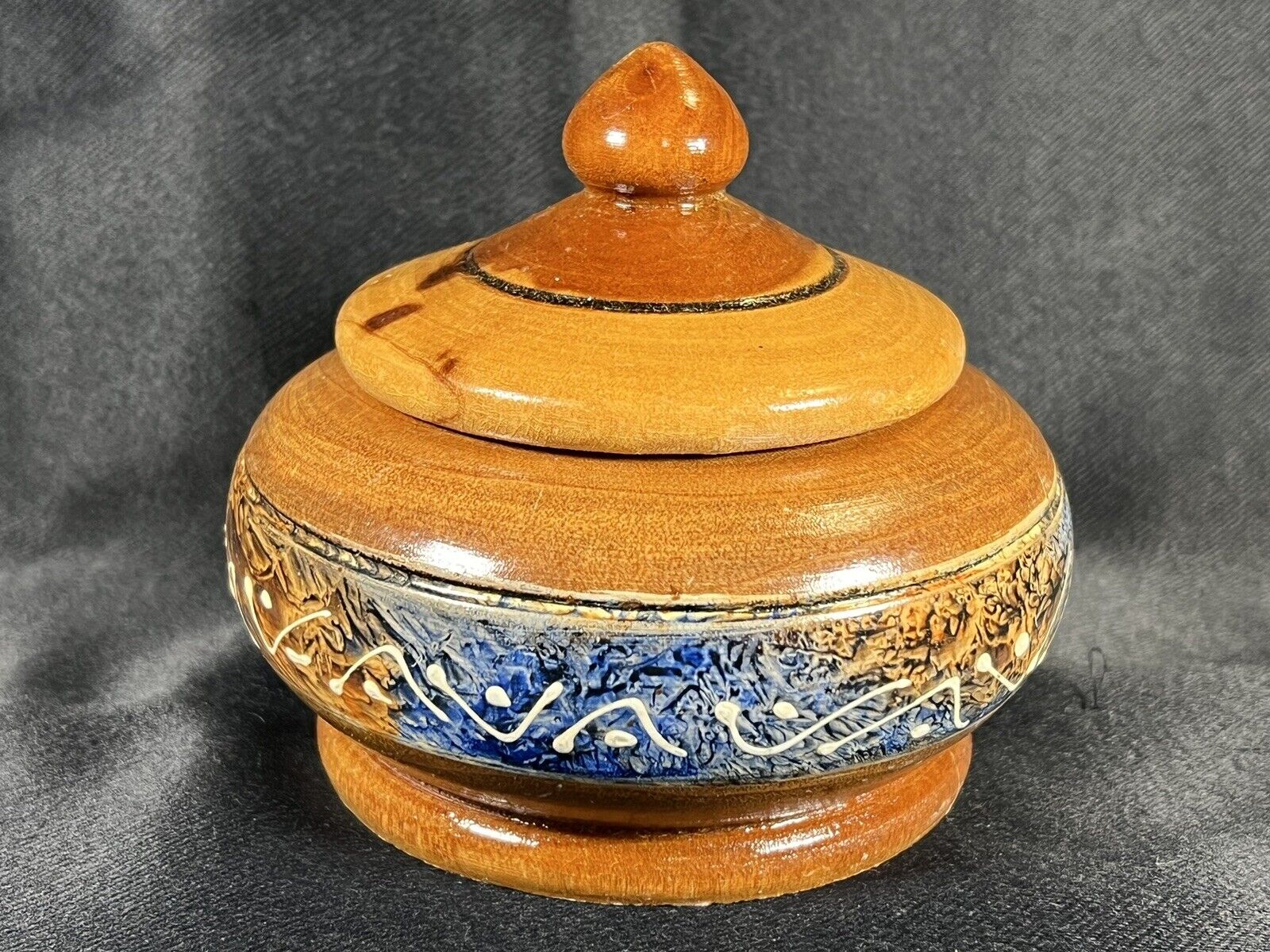 VTG Hand Carved Turned Wooden Bowl W/Lid Folk Art Round Trinket Painted Decor 4”