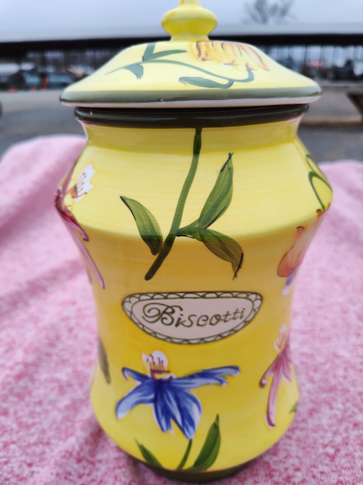 Nonni\'s Biscotti Handmade Yellow Flowers Ceramic Lidded Cookie Biscuit Jar