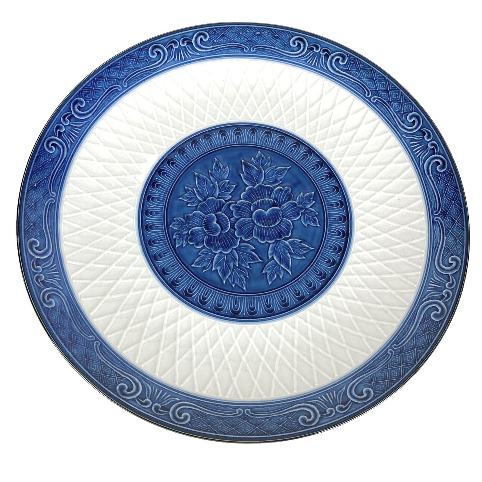 Lotus Flower Serving Platter Plate Chinese Signed Vintage Blue White 12 1/4\