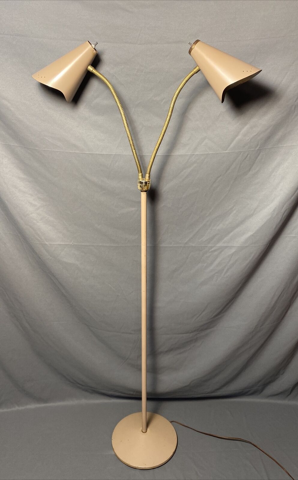 Vintage Mid Century Floor Lamp 2-Light Gooseneck Pierced Cone Shades Atomic