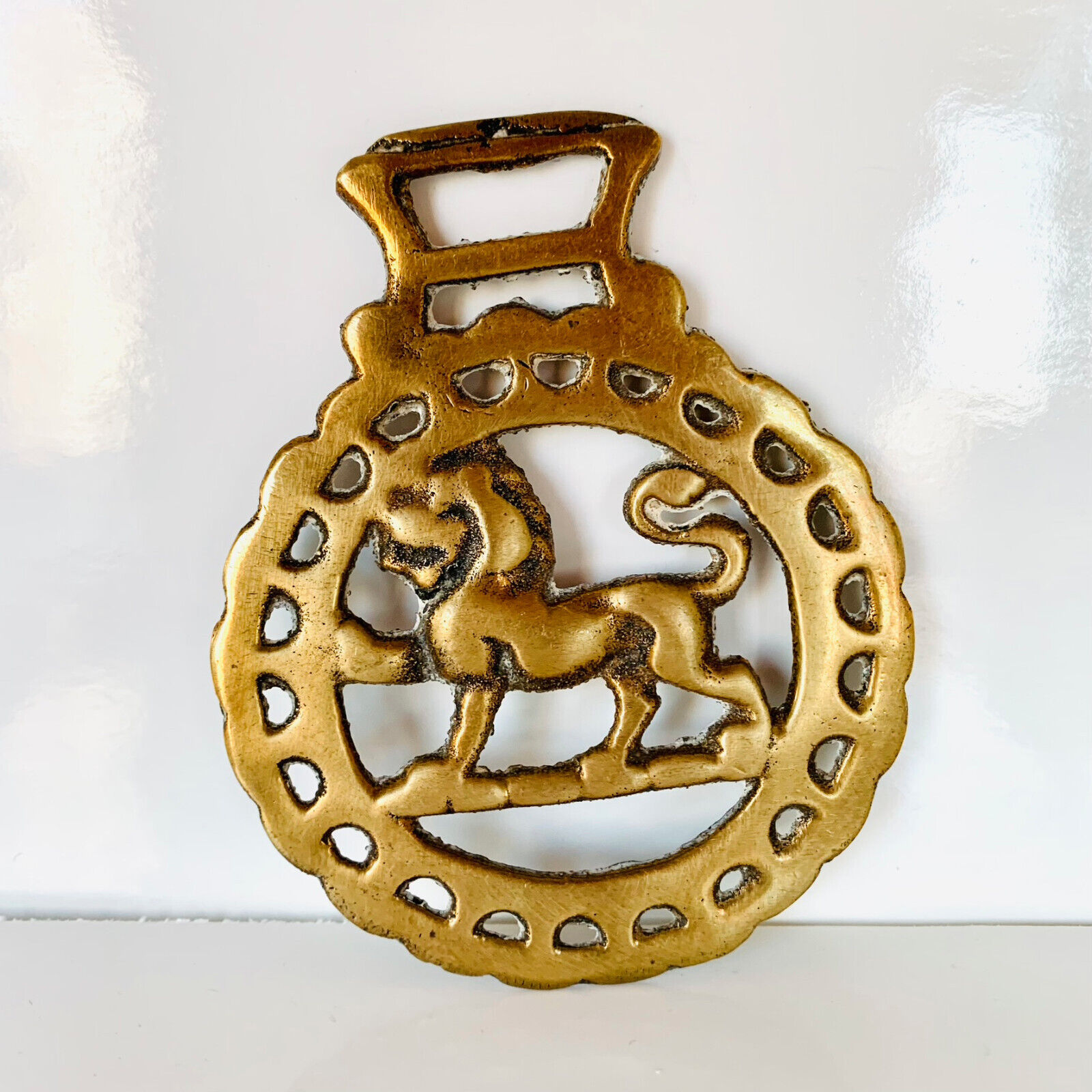 Vintage Horse Harness Brass Saddle Medallion - LION - English Pub Decor 4\'\'
