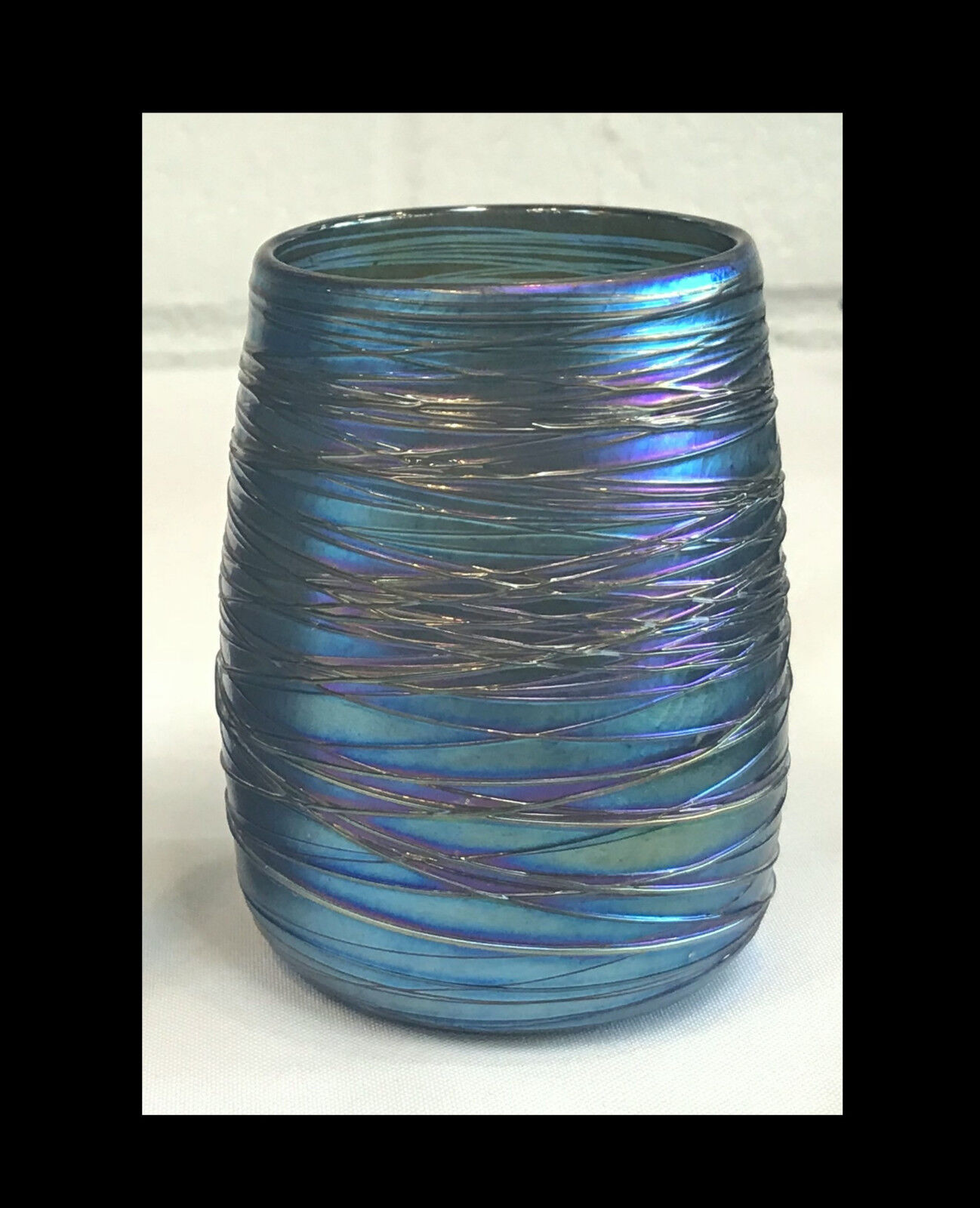 Blue Aurene Drinking Glass with Threading Design. Blown Glass