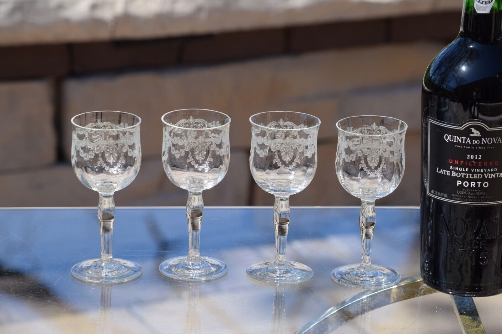 4 Vintage Etched Wine Cordials ~ Glasses, Fry Glass, 1930's, 3 oz Port Wine