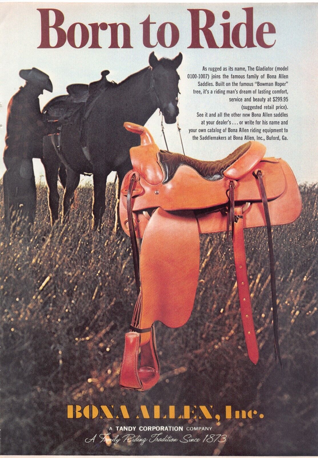 Bona Allen Horse Saddle Cowboy Western Styled Leather Vintage Magazine Print Ad