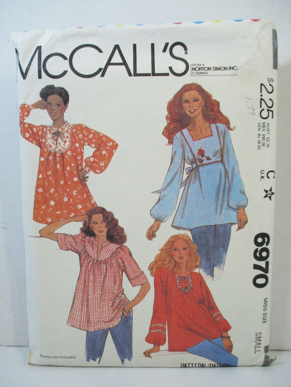 McCall\'s Pattern 6970 Maternity Tops Size Small (10-12) Sleeve Variations 1979