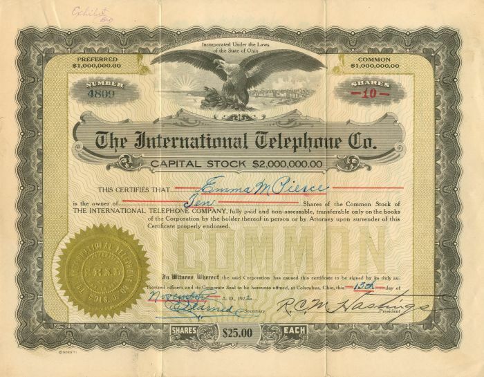 International Telephone Co. - Stock Certificate - Telephone & Telegraph