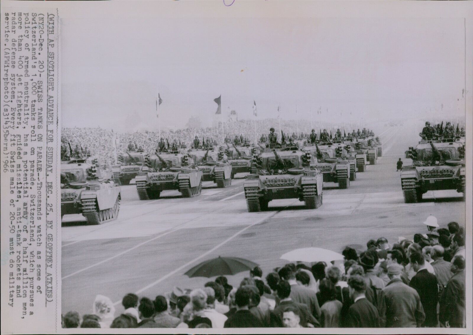 LG773 1966 Wire Photo SWISS ARMY TANKS Military Parade Armed Neutrality Demo