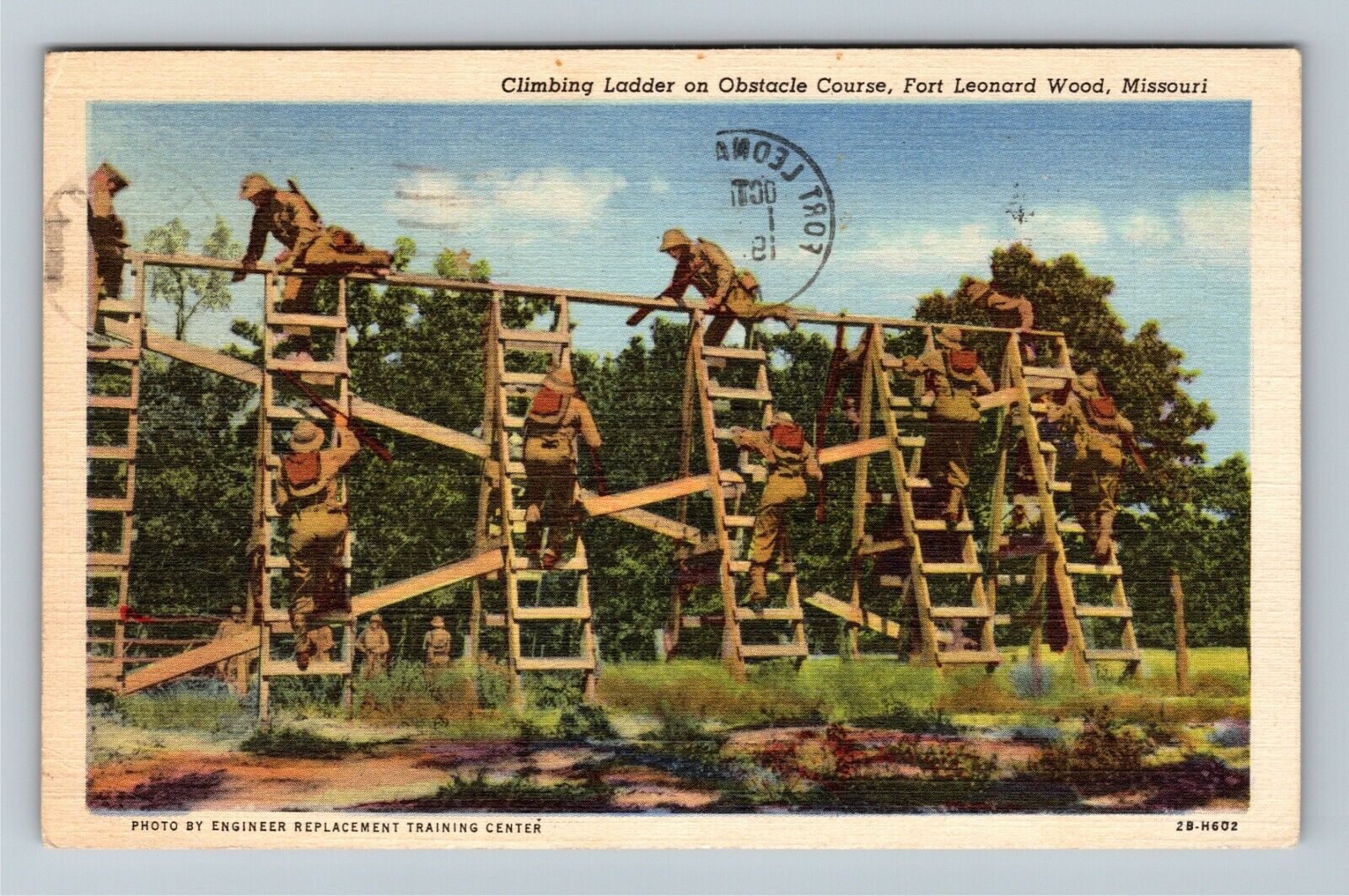 Ft Leonard Wood MO-Missouri Climbing Ladder Obstacle Course Linen c1952 Postcard
