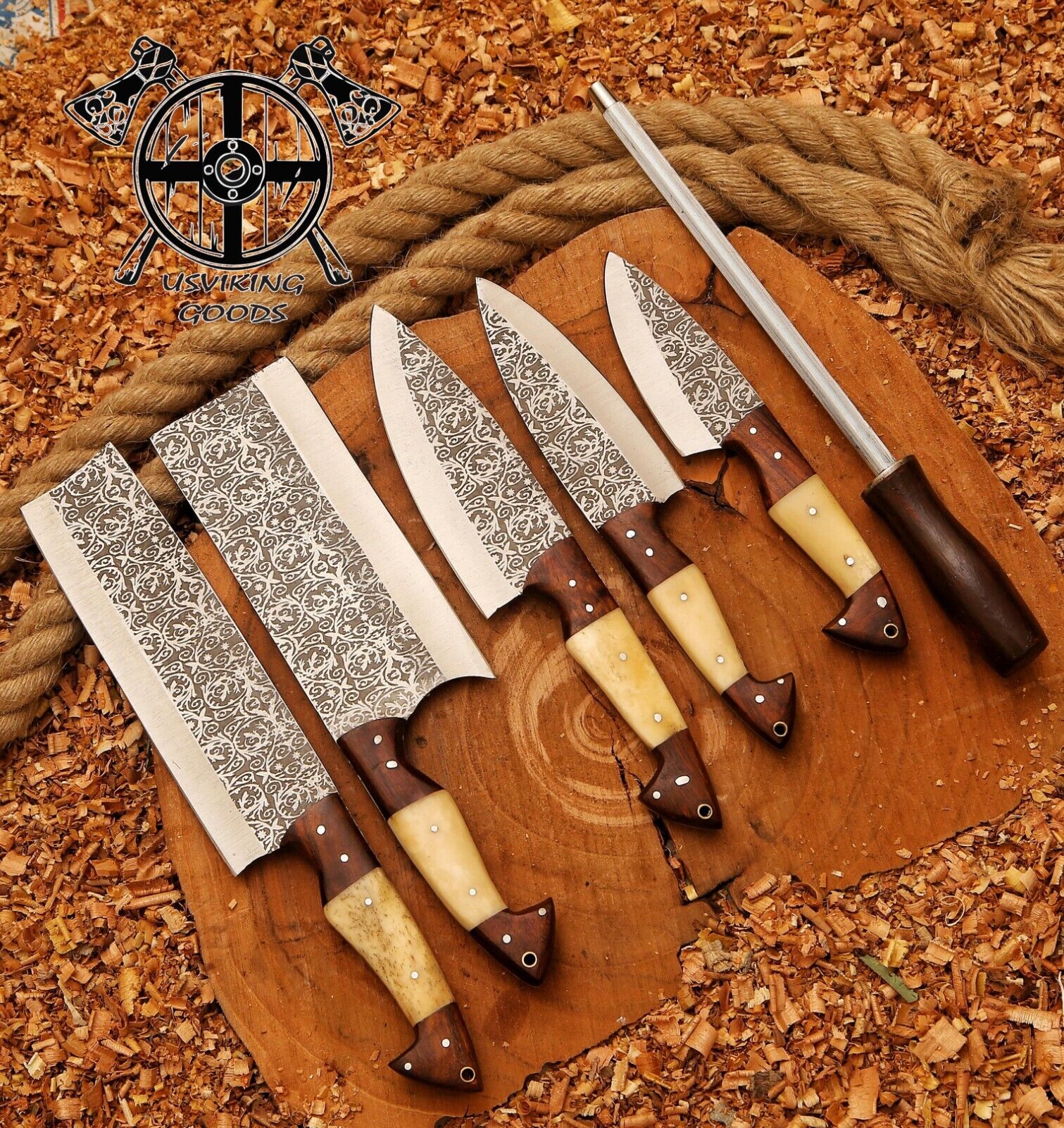 Custom Hand made Fixed Blade D2 Steel Hunting Kitchen Chef Set With Sheath