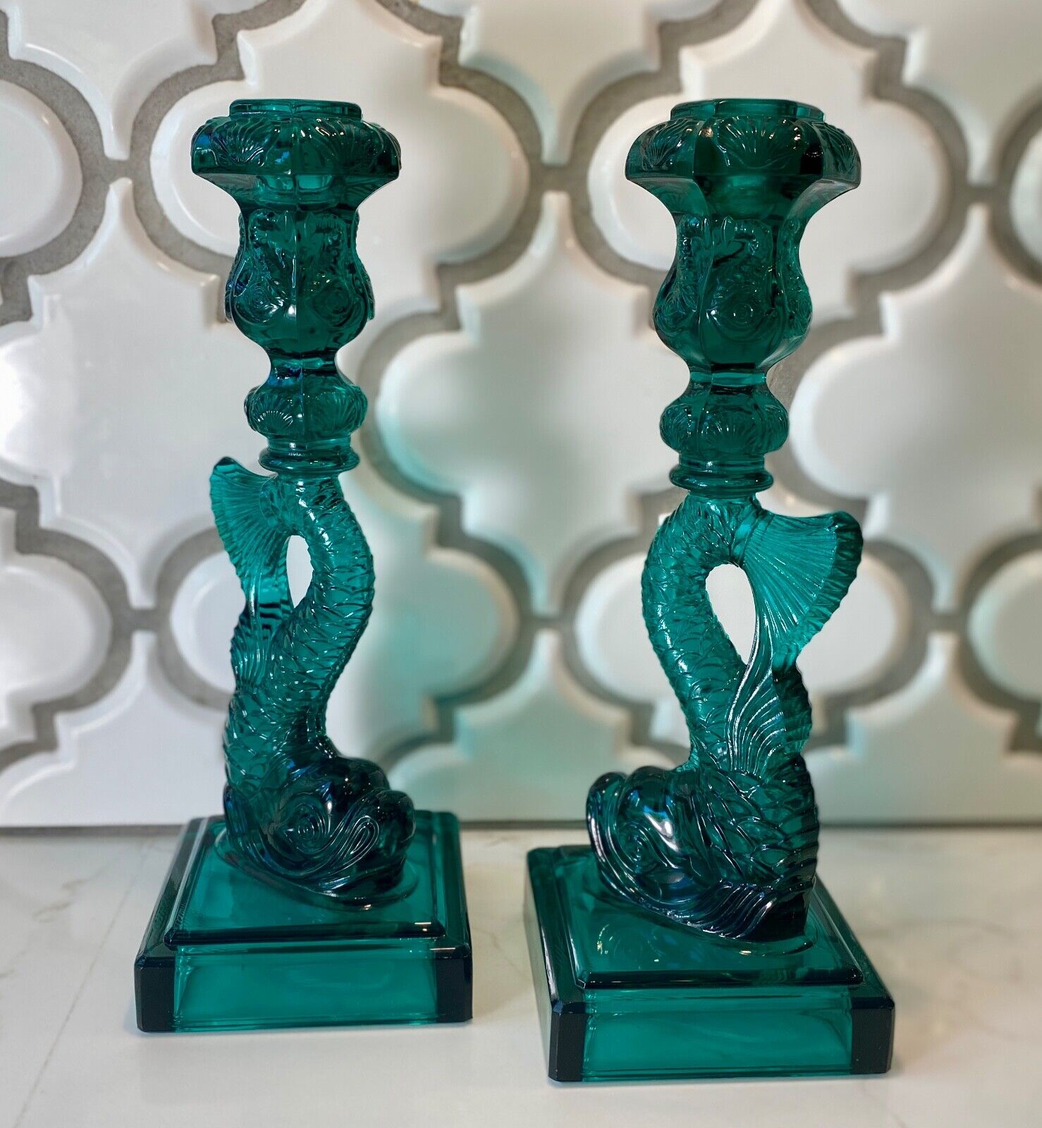 PAIR Imperial MMA Koi Fish Glass Candlesticks Candle Holders Teal Green VINTAGE