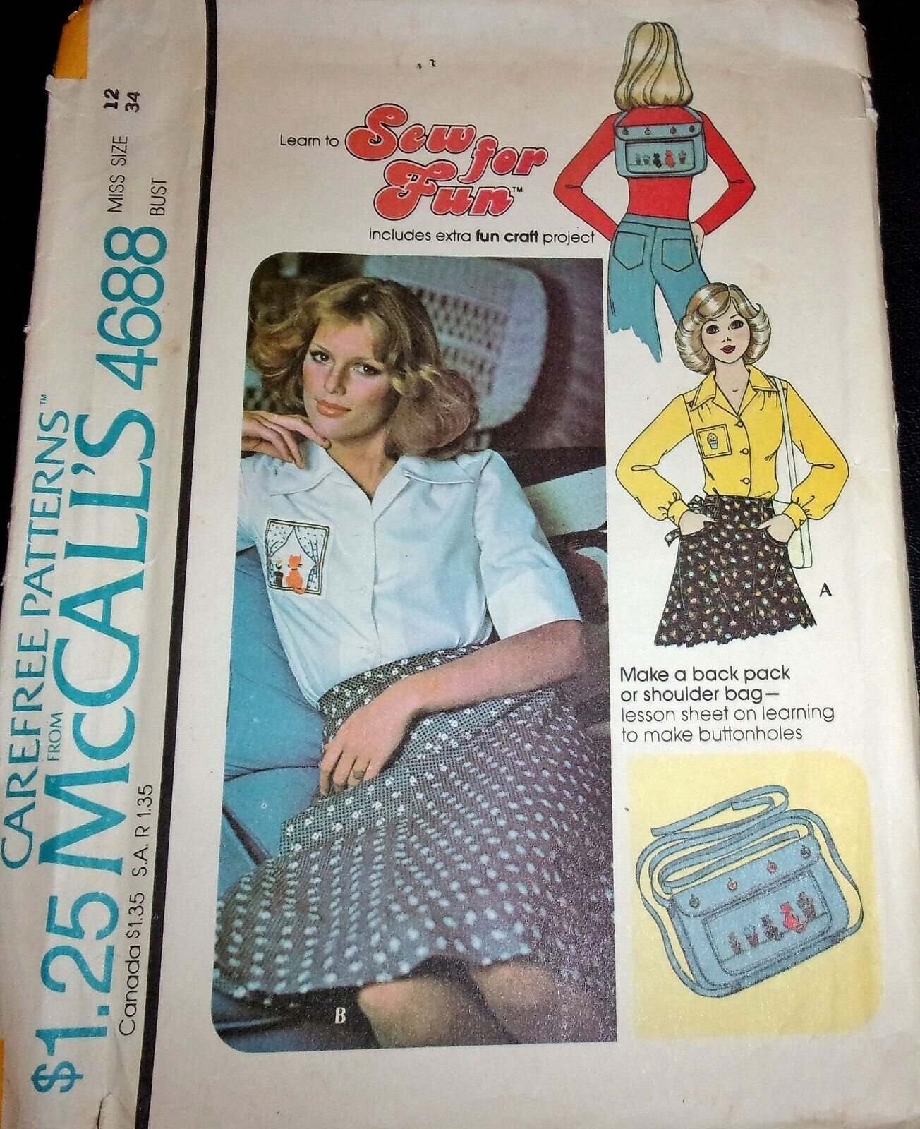 Vtg 1970\'s McCall\'s Learn to Sew Pattern 4688 Blouse Shoulder Bag Size 12 Uncut