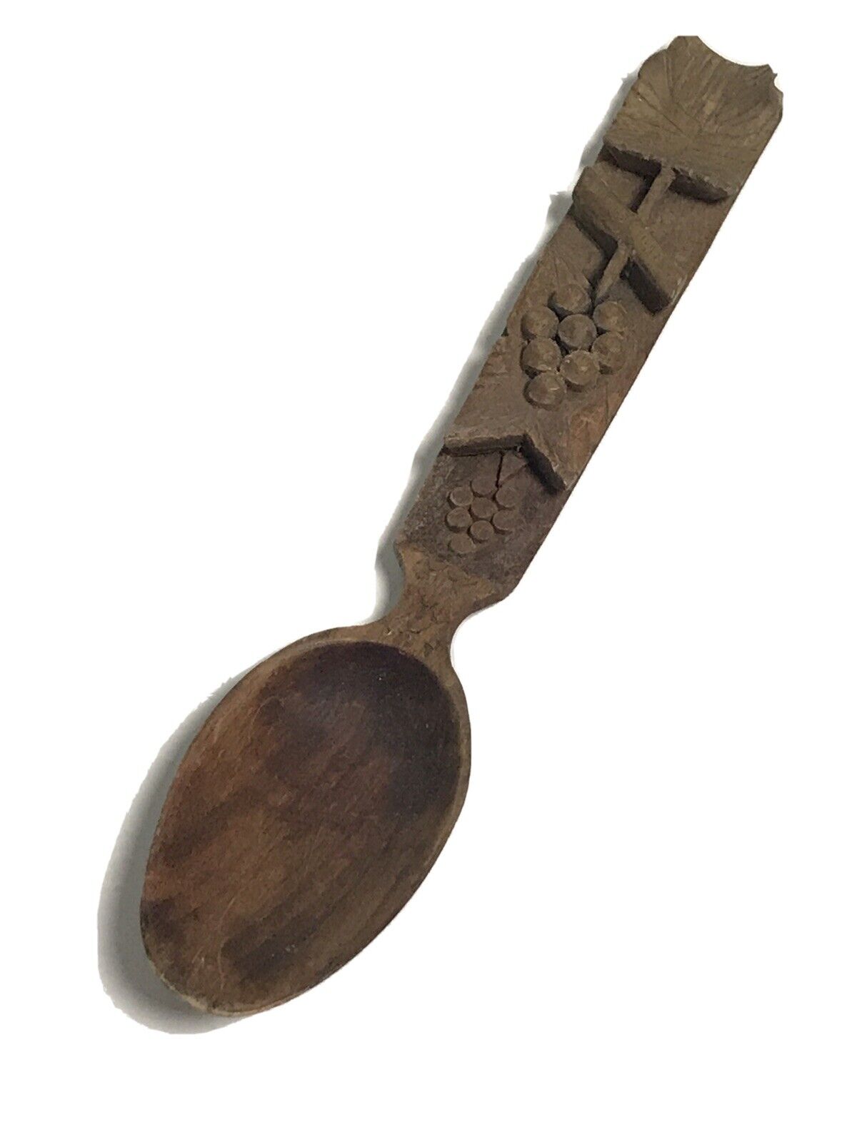 Handcarved wooden spoon grapes and leaves 9 3/4” Folk Art