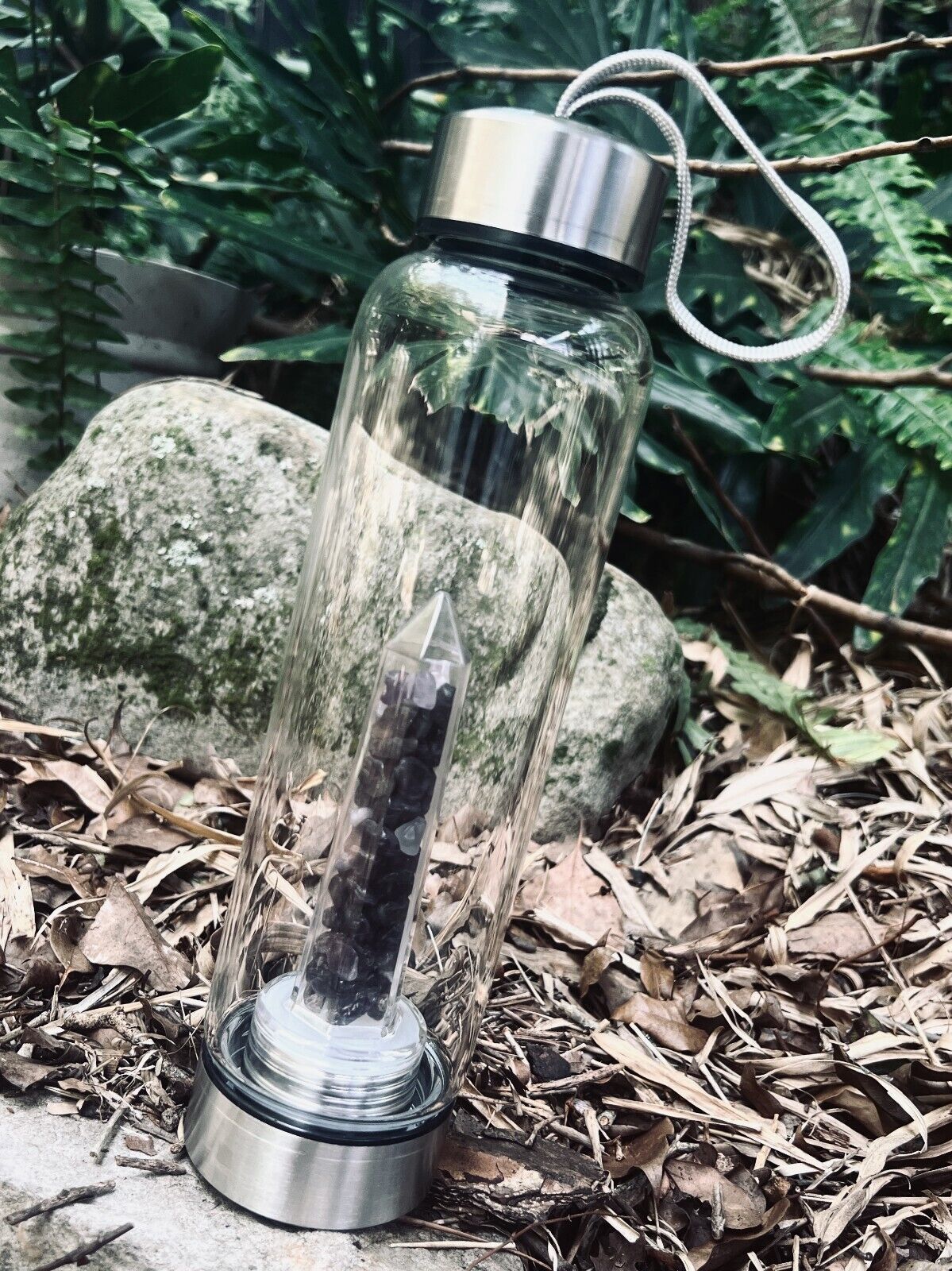 Luxury Healing Chakra Amethyst and Obsidian Gemstone Infused Glass Water Bottle