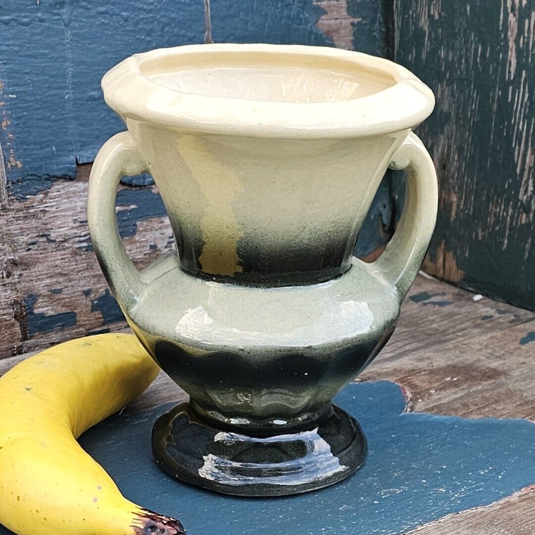 Vintage FAPCO USA Pottery Cream/Dark Green Fluted Handled Trophy Vase