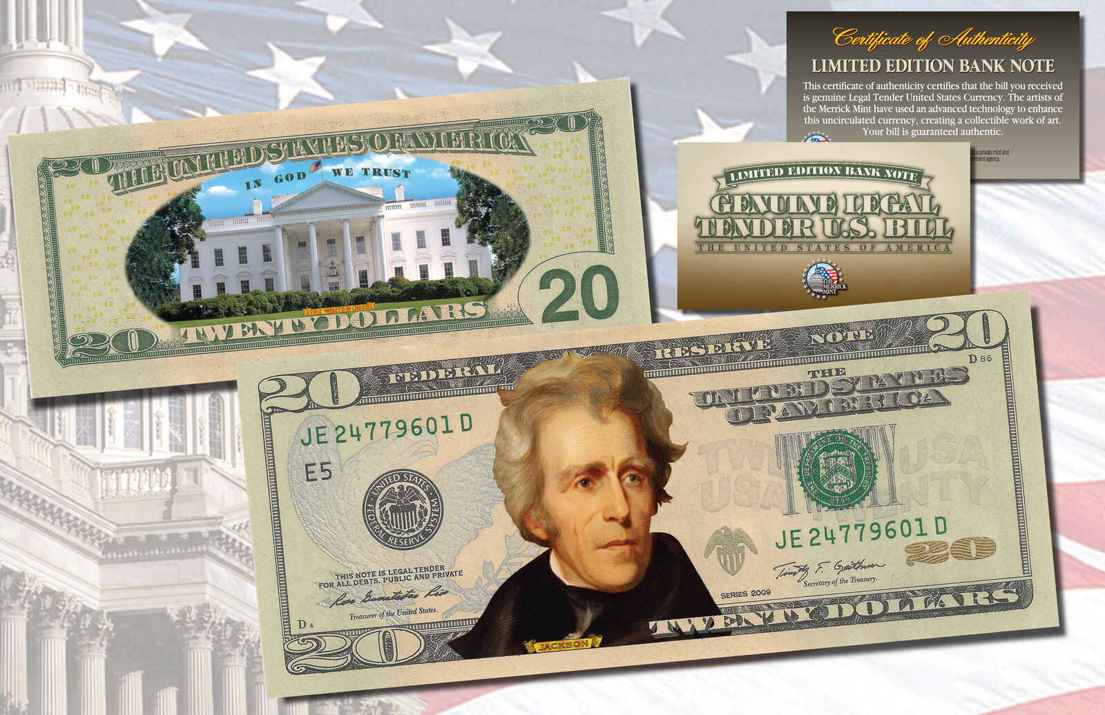 TWENTY DOLLAR $20 U.S. Bill Genuine Legal Tender Currency COLORIZED 2-SIDED